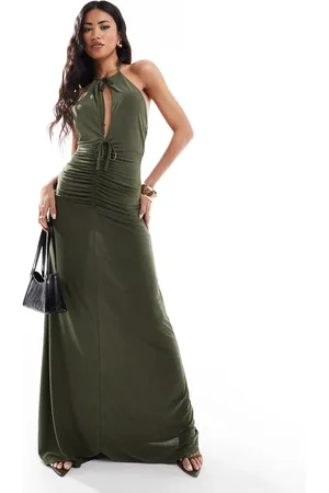 ASOS Vestido largo con cuello halter, abertura y diseño fruncido de -Verde