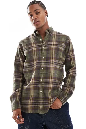 Ralph Lauren Camisa verde oliva y marrón a cuadros con logo de franela cepillada Icon de