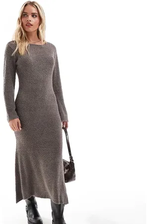 VILA Vestido largo marrón estilo jersey de punto muy mullido de