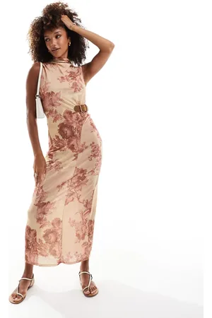 ASOS Vestido largo color óxido con estampado floral estilo tapiz, godets y detalle de cinturón de -Multicolor