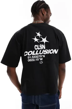 COLLUSION Camiseta negra de corte skater cuadrado con estampado retro en relieve de