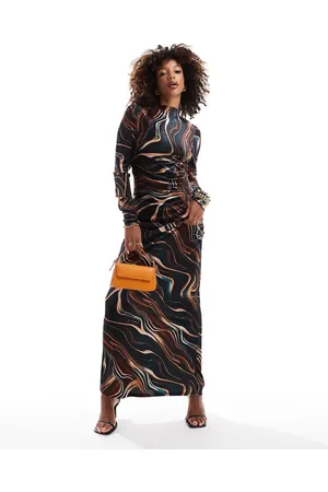 DASKA Vestido largo con cuello alto y estampado oscuro marmoleado de -Gris