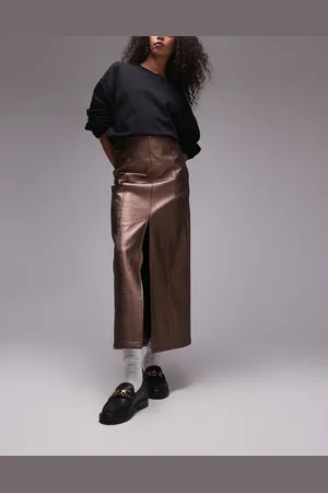 Topshop Falda midi color metalizado con abertura de cuero sintético de -Dorado