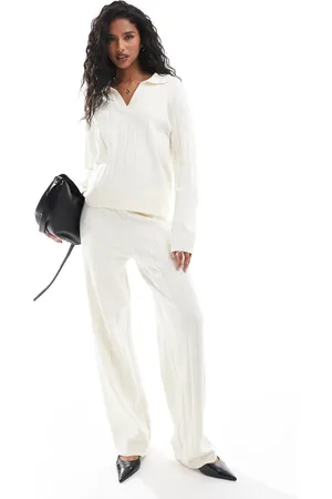 Y.A.S Pantalones color crema de punto de canalé ancho de (parte de un conjunto)-Blanco