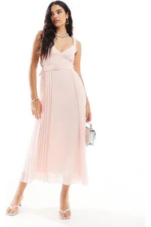 ASOS Vestido midi escotado y plisado con cinturón de