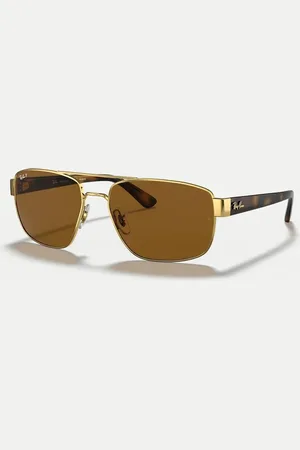 Ray-Ban Gafas de sol doradas con montura irregular y lentes marrones polarizadas de