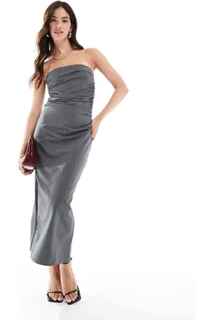 MANGO Vestido de sastre midi con raya diplomática y escote palabra de honor de