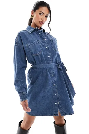 River Island Vestido camisero corto azul con cinturón de