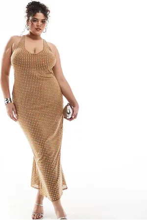 ASOS Vestido midi color tostado con cuello halter redondeado y diseño termosellado cortado a láser de ASOS DESIGN Curve-Marrón