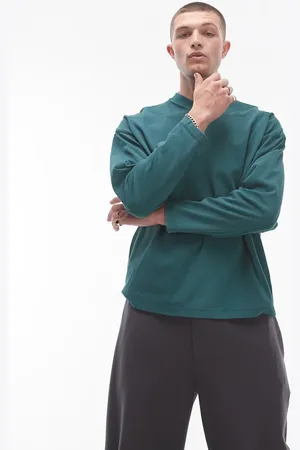 Topman Camiseta verde lavado de manga larga con cuello de pico de
