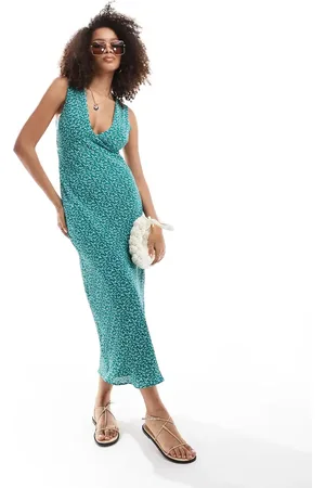 Abercrombie & Fitch Vestido midi verde con estampado floral y cuello de pico de