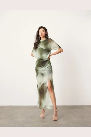 ASOS Vestido midi verde con cuello drapeado y estampado sombreado de -Multicolor