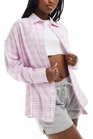 Cotton On Camisa de pijama rosa a cuadros extragrande de franela de Cotton On