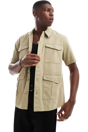 Only & Sons Camisa marrón claro utilitaria con 4 bolsillos de