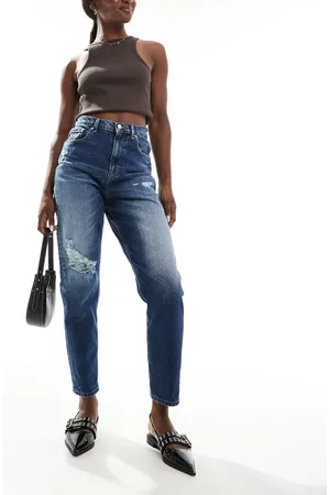 Tommy Hilfiger Vaqueros mom con lavado oscuro y diseño rasgado de -Azul