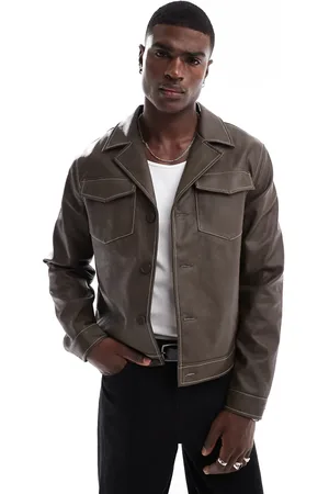 ASOS Chaqueta Harrington con pespuntes en contraste de cuero sintético de