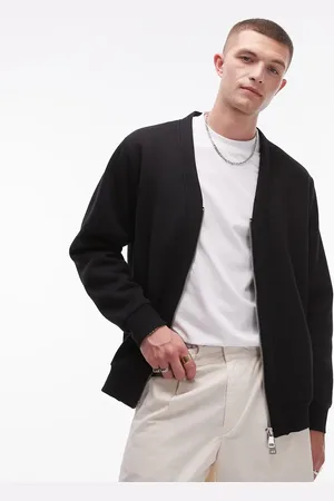Topman Sudadera negra extragrande con cuello de pico y cremallera de