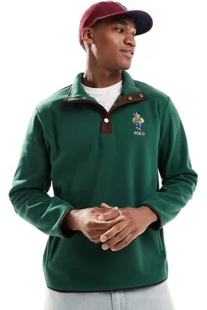 Ralph Lauren Sudadera polar con media tapeta de botones y estampado de oso universitario de