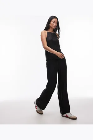 Topshop Pantalones negros con raya diplomática y cordón ajustable de satén de