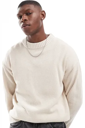 JACK & JONES Jersey color crema extragrande con cuello redondo de punto de canalé grueso de -Blanco