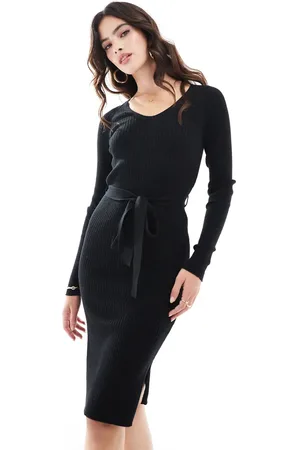 VERO MODA Vestido midi de manga larga con cinturón de canalé de