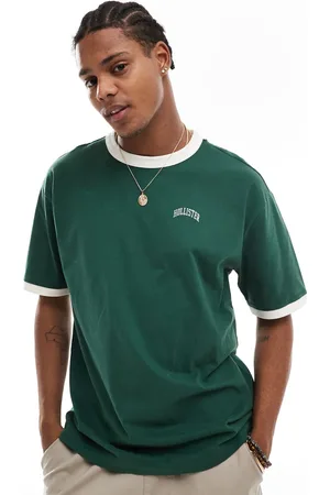 Hollister Camiseta verde medio y crema de corte cuadrado con ribetes y logo de estilo universitario de tejido grueso de