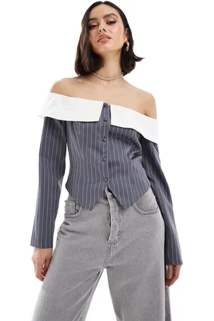 Extro & Vert Top corsetero gris a rayas estilo americana con escote palabra de honor de -Azul