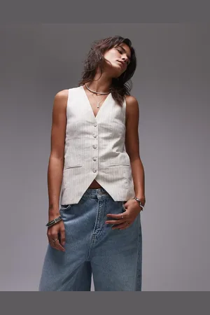 Topshop Chaleco color arena a rayas entallado con botones de mezcla de lino de -Beis neutro
