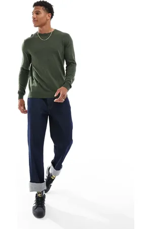 JACK & JONES Jersey verde oliva con cuello redondo de punto fino de