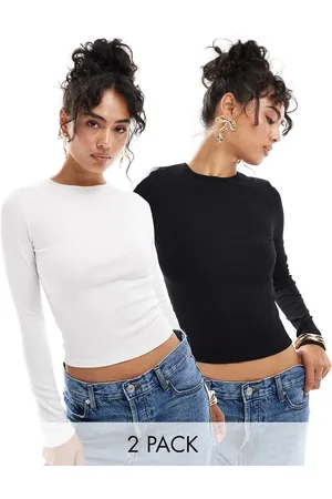 Miss Selfridge Pack de 2 tops de color de manga larga con cuello redondo de canalé de -Multicolor