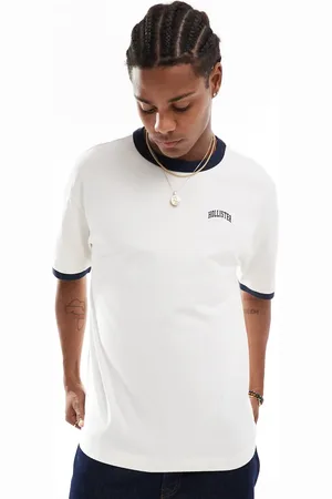 Hollister Camiseta color crema y azul marino de corte cuadrado con ribetes y logo de estilo universitario de tejido grueso de -Blanco
