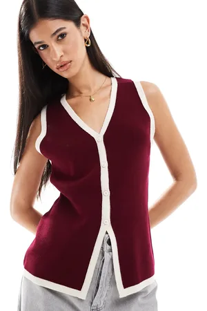 ASOS Chaleco largo con cuello de pico de punto de -Rojo