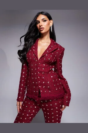 ASOS Americana de bouclé con diseño adornado y bajo de plumas sintéticas de (parte de un conjunto)-Rojo