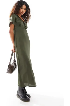Reclaimed Vestido de tarde midi caqui con ribete de encaje de
