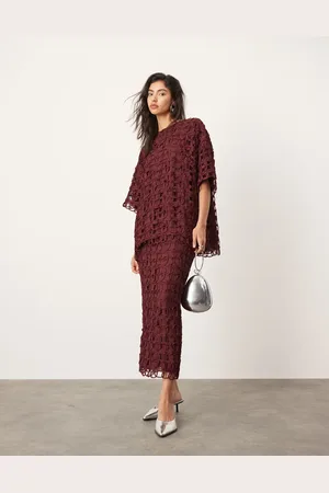 ASOS Falda midi de corte recto con diseño floral calado de (parte de un conjunto)-Morado