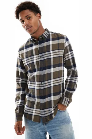JACK & JONES Camisa caqui a cuadros con acabado cepillado de -Verde