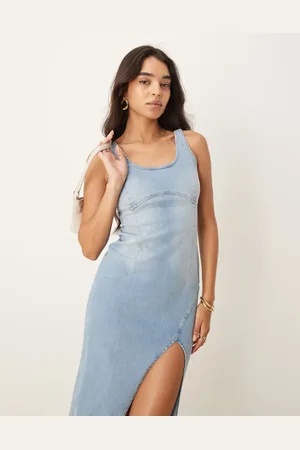 River Island Vestido vaquero midi ajustado con lavado claro de -Azul