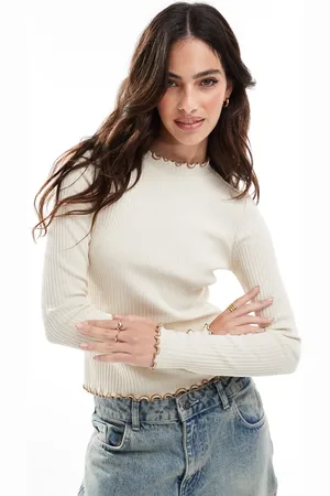 VERO MODA Top color de manga larga con ribetes tostados en contraste de canalé de -Blanco
