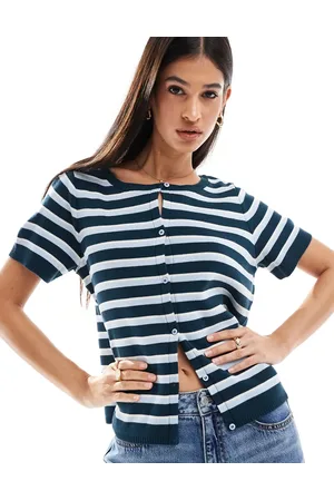 ASOS Cárdigan azul marino de manga corta a rayas retro de punto de