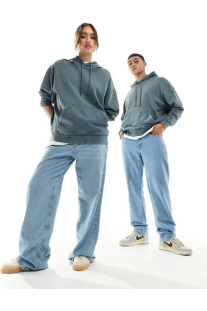 ASOS Sudadera azul marino unisex básica extragrande con capucha y lavado ácido de