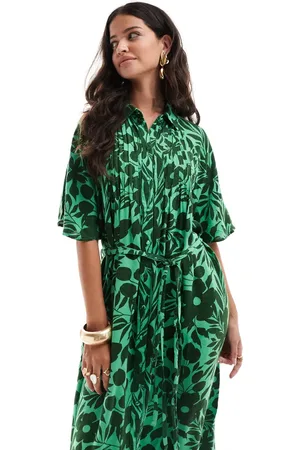 Y.A.S Vestido midi verde estilo camiseta con estampado floral y cinturón de
