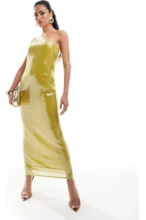 ASOS Vestido midi amarillo verdoso asimétrico de lentejuelas transparentes de