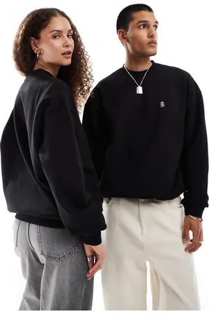 Dr Denim Sudadera negra unisex holgada con cuello redondo de tejido grueso Kenan de