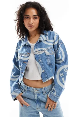 Hugo Blue Chaquetas vaquera corta con lavado medio y estampado integral del logo Lou de