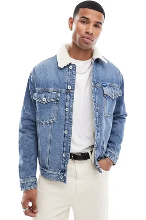 Hugo Blue Chaqueta vaquera de estilo camionero con cuello de sherpa y lavado medio Dex de