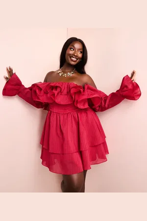 ASOS Vestido corto con escote Bardot, volantes, bajo estructurado y cintura tipo corsé de Curve-Rojo