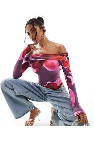 Kaiia Body morado oscuro estampado ceñido de manga larga con escote Bardot y espalda abierta exclusivo de -Multicolor