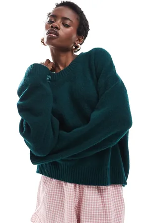 Monki Jersey verde bosque oscuro holgado con cuello redondo de punto de
