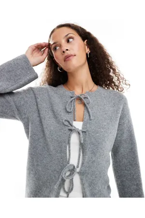Monki Cárdigan gris jaspeado con lazadas de punto de