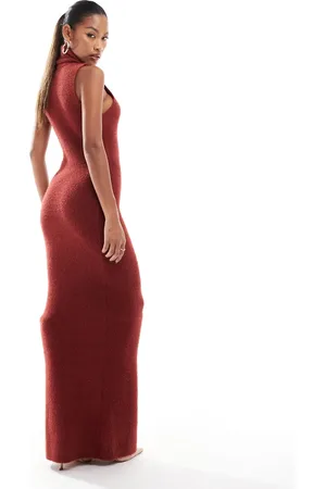 Aria Cove Vestido largo color óxido estilo jersey sin mangas con cuello vuelto de punto de -Rojo